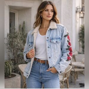 Levi’s Sherpa Lined Floral Embroidered Trucker Jacket Size S Light Wash